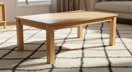 Light oak wood coffee table on a shag rug casting elegant shadows