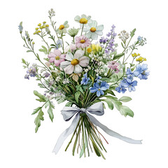 Watercolor Wildflower Bouquet with Ribbon Vector Clipart
