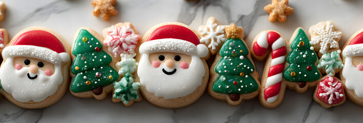 Cute Christmas cookie bottom border. Top view on a white marble banner background with copy space. Holiday baking concept. Santa Claus, tree, snowflakes, candy canes, stars.