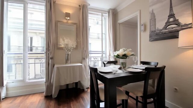 Cozy Parisian Apartment Interior with Dining Area and Kitchenette.