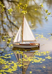 Miniature sailboat adrift in a serene pond with blooming water lilies
