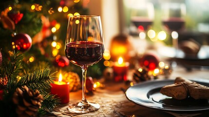 Elegant holiday dinner with wine, Christmas tree, and candle light creating festive cheer, perfect for seasonal celebration promotions and family gatherings