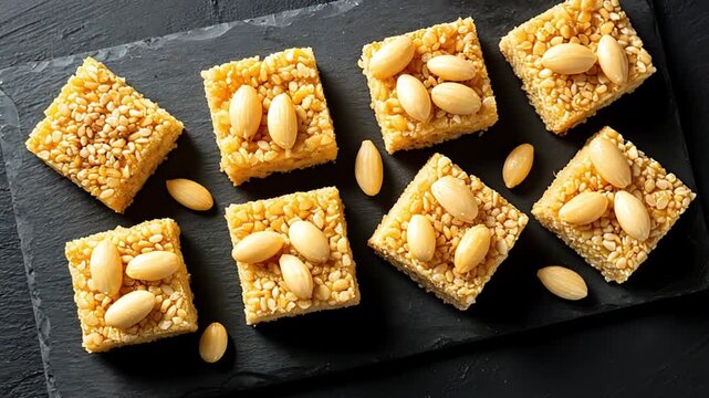 Sweet sesame seed bars topped with whole almonds, offering a delicious and nutty confection on a dark background
