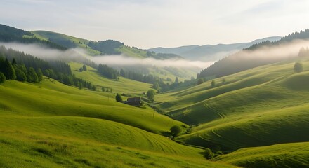 Rolling hills of vibrant green blanketed in early morning soft mist