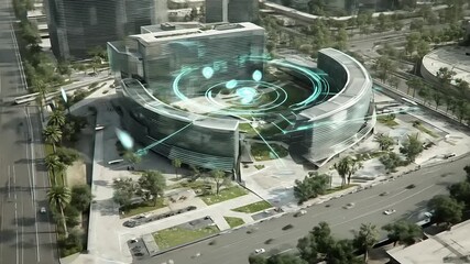 Aerial view of a modern corporate complex integrating futuristic technology with urban landscape, showcasing advanced design with networked holographic interface - Powered by Adobe