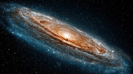 Fototapeta premium Galaxy with spiral arms and bright center in a dark starry space.