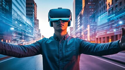 Young man wearing VR headset, exploring futuristic cityscape with glowing data streams, interacting with digital world - Powered by Adobe