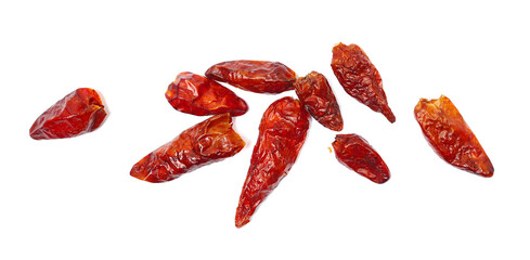 Dried bird's eye chili peppers pile isolated on white background, top view