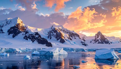 A breathtaking Antarctic landscape with majestic snow-capped mountains and icebergs floating on the calm sea under a vibrant sunset