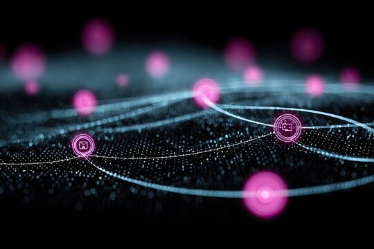 Abstract network glowing dots and connected waves on dark backdrop