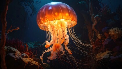 A luminescent jellyfish drifts in a dark, coral-rich ocean environment. The creature glows with an inner light, tentacles trailing