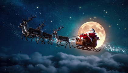 Santa Claus flying in the night sky with his sleigh and reindeer before the full moon, soft light and magical atmosphere, realistic style