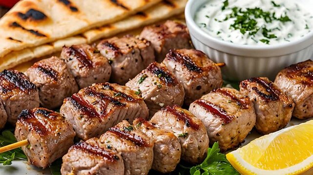 Succulent grilled meat skewers served on a plate with warm pita bread, creamy tzatziki sauce, and fresh lemon