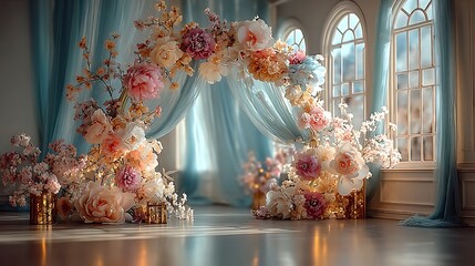 Beautiful pastel flowers enhancing wedding arch decor high resolution picture