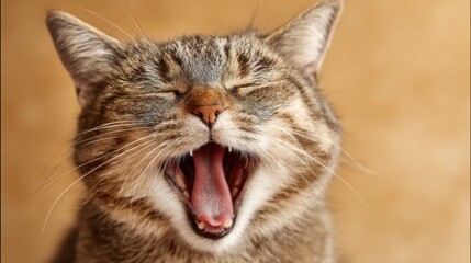 A cheerful cat stretches with a big yawn enjoying the warm sunlight in a quiet space.