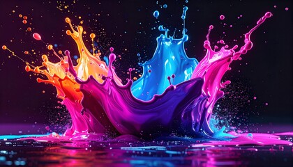 Vibrant explosion of colorful liquids against a dark background, creating a dynamic and energetic abstract art piece