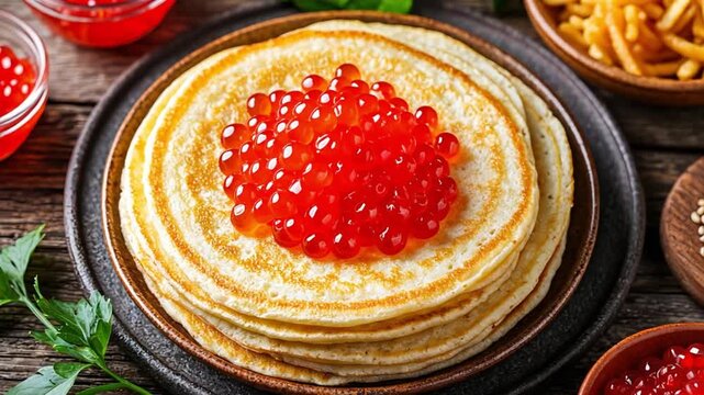 Round blini stack topped with red salmon caviar, preparing a lavish appetizer or breakfast against rustic wood