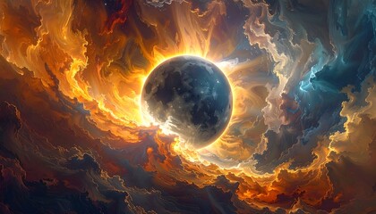 A celestial body glows within a swirl of fiery clouds, contrasted by cooler, darker hues, evoking a cosmic event