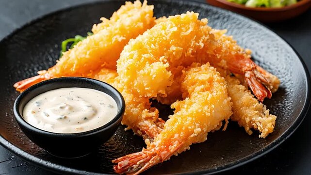 Crispy deep-fried shrimp, also known as ebi fry, served golden brown with a side of creamy tartar sauce