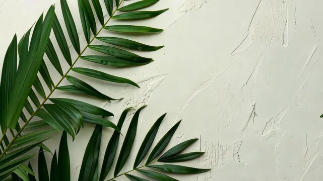 Tropical Greenery: Two vibrant, emerald green palm fronds rest on a textured surface, evoking a sense of calm and natural beauty.