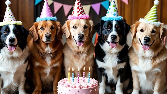 Five cute dogs wearing colorful party hats sitting around a birthday cake with lit candles, celebrating a happy moment