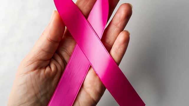 Hand holding a fuchsia pink ribbon, symbolizing breast cancer awareness month, support for patients, and health research