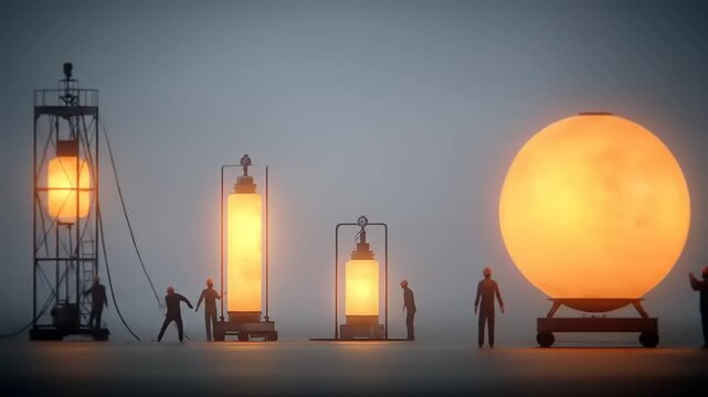 Miniature world construction features luminescent structures and diligent figures working in a surreal industrial landscape, a captivating miniature setting