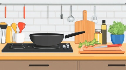 Kitchen Counter with Frying Pan, Stove, Utensils, Cutting Board, and Fresh Ingredients for Home Cooking