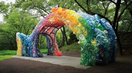 Archway art installation created from a mosaic of colorful recycled plastic bottles in a green park environment.