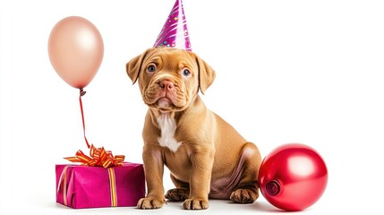 Cute puppy in a party hat, sitting between a gift box and balloons on a white background