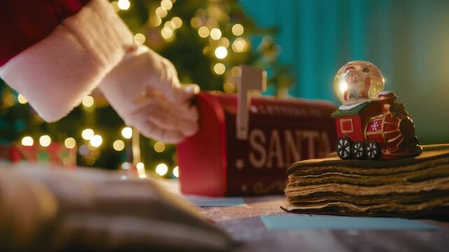Santa Claus opens the mailbox to read wishes in the studio at Christmas