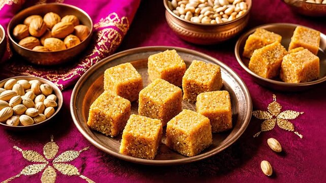 Delicious barfi sweets arranged on a traditional embroidered fabric, with bowls of pistachios, almonds, and cashew nuts