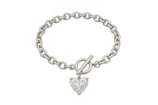 Silver chain bracelet with diamond heart charm showing love, luxury, and elegance on transparent background