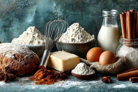 Christmas and winter baking background. Kitchen utensils and ingredients for cooking baking - flour, sugar, eggs, butter, milk, cinnamon sticks, whisk, rolling pin, anise, Blue concrete background