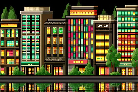 Pixel city skyline, colorful buildings reflected in water