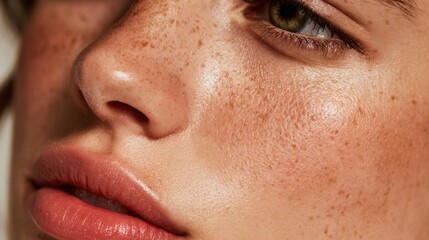Fototapeta premium A young woman displays her unique freckles and radiant skin in soft warm light capturing natural beauty.
