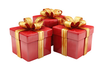 Three red gift boxes, gold ribbon, stacked