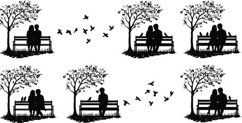 Silhouette, couple, bench, tree, park, birds, sitting, nature, outdoor, love, solitude, peaceful, black, art, relaxing, tranquil, relationship, flying, mood, minimal