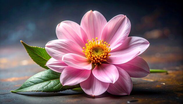 A close-up view presents a delicate pink flower with a vibrant yellow center, resting on a surface