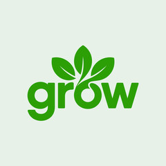 The 'grow' logo illustrates fresh green leaves sprouting from the word, conveying a strong message of growth, nature, and sustainable living in a modern design aesthetic.