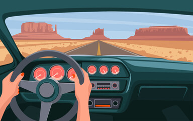 This image presents a captivating car interior view with a detailed dashboard against a backdrop of a stunning landscape, evoking feelings of freedom and adventure. © jinduo