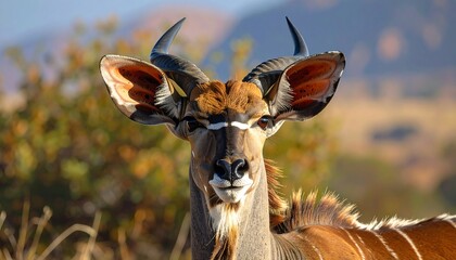 A close-up portrait showcases a majestic antelope with spiraling horns and distinctive white stripes on its face, set against blurry foliage
