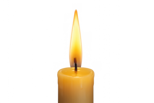 Candle flame burning bright, glowing wax wick providing light with soft warm glow, isolated on transparent background