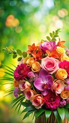 Vibrant floral arrangement featuring large roses and exotic orchids in a lush greenery background
