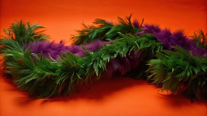 Luxurious purple ostrich feather boas laid elegantly on a light blue velvet surface