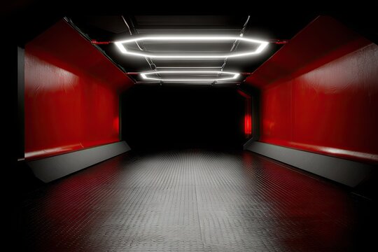 Lit corridor featuring red walls & illuminated hexagon lights - Powered by Adobe
