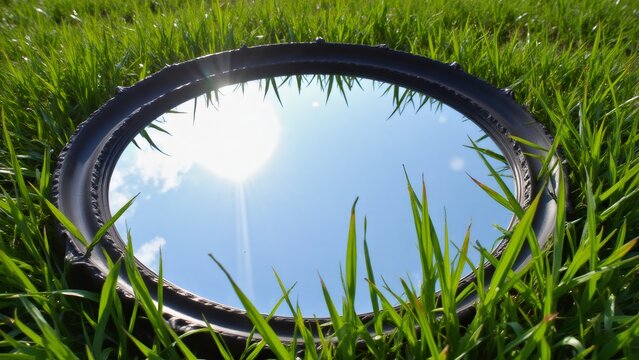 Mirror reflects sunny sky in green grass on a bright day outdoors - Powered by Adobe