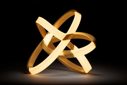 Interlocking golden glowing tori sculpture on a dark surface - Powered by Adobe