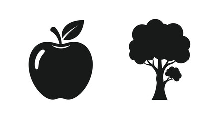 Simple black and white illustration of an apple and a leafy tree