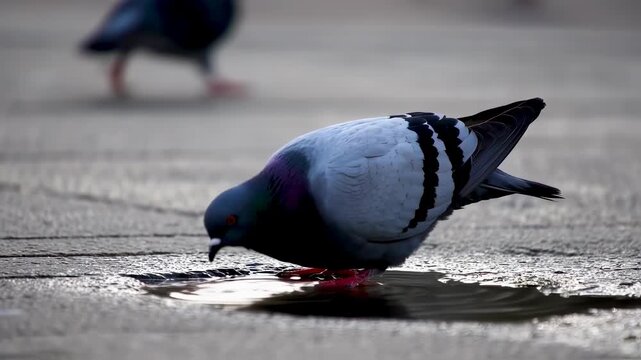 Pigeon Hydration - A Thirsty Bird Drinks from a Puddle.